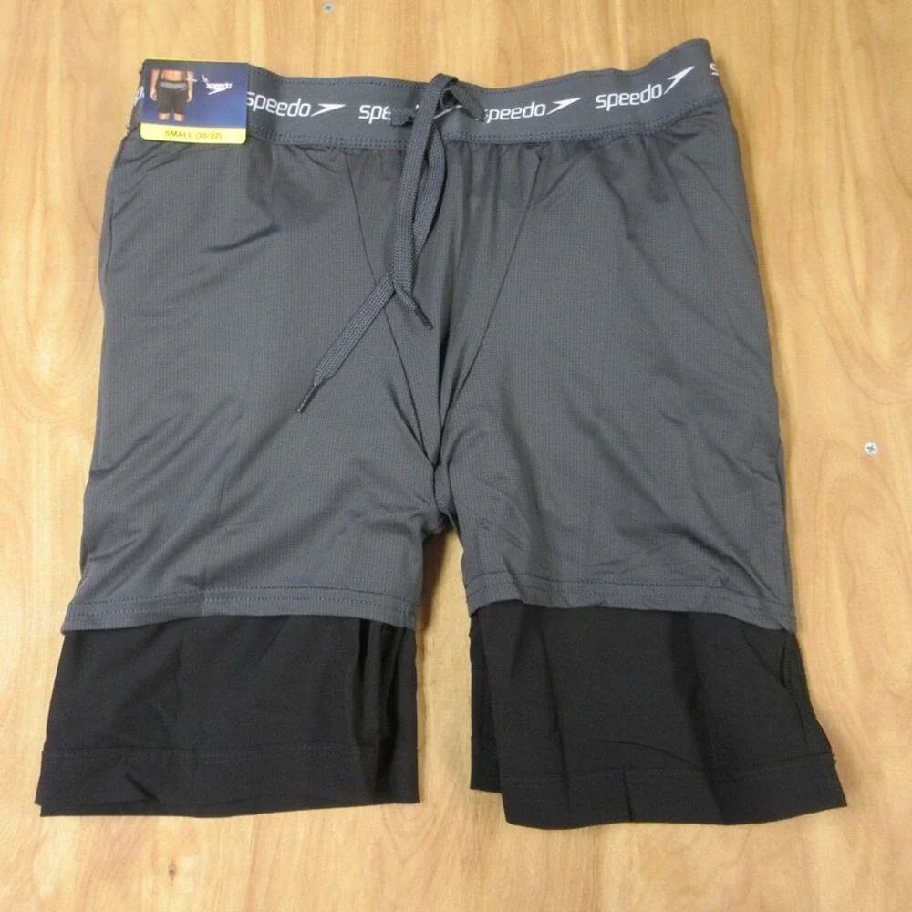 SPEEDO Tech Volley Swim Trunks Mens‎ Small Black Grey Swim Shorts Swimsuit NWT